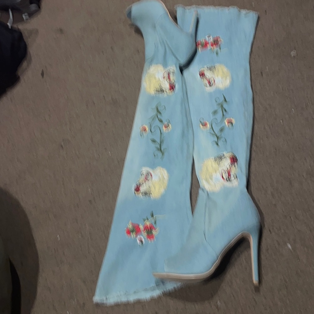 Denim blue thigh high peep toe boots size 10